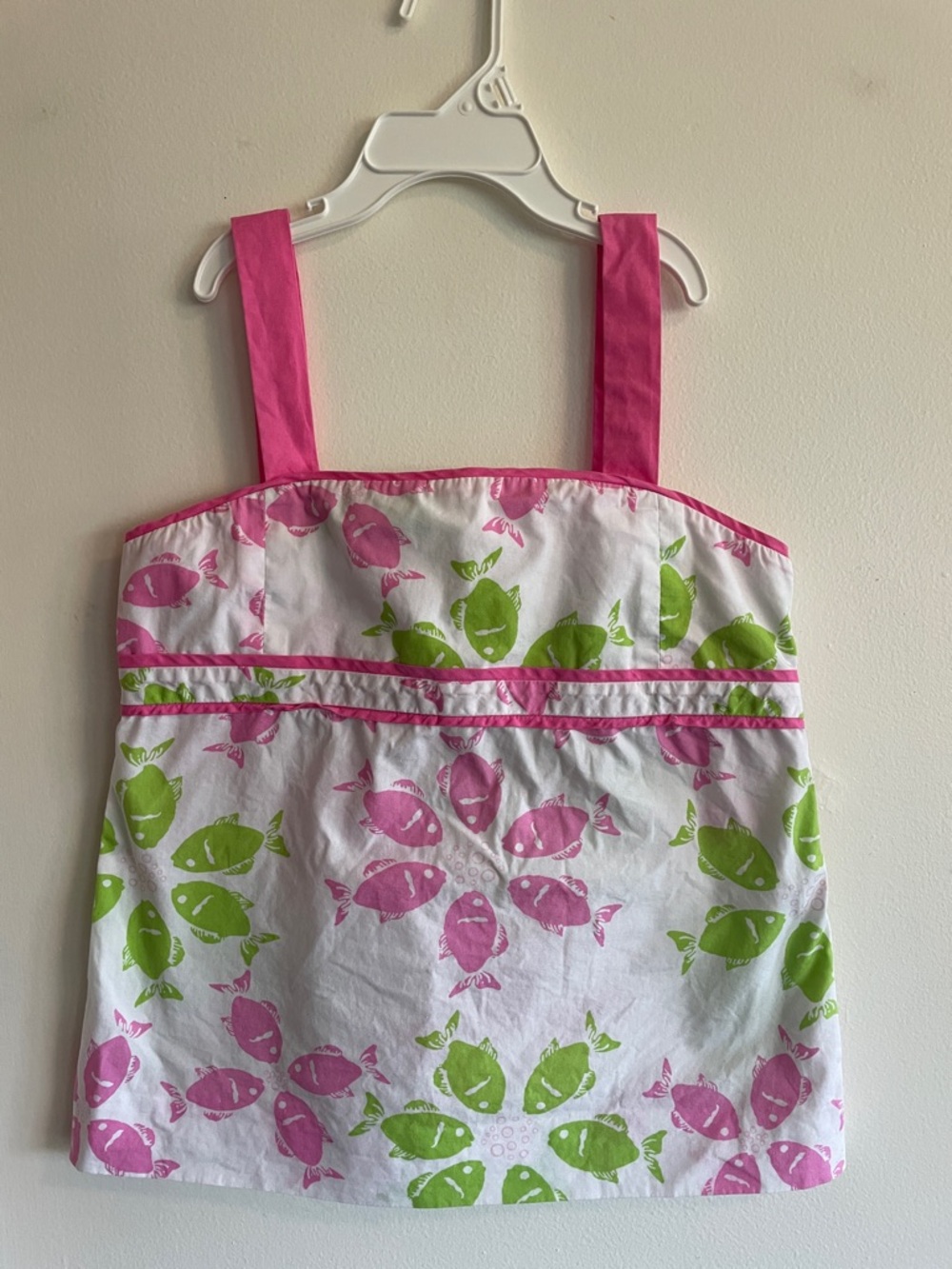 LILLY PULITZER Vintage White Tank Smocked Back Green & Pink Fish Print Girl 10